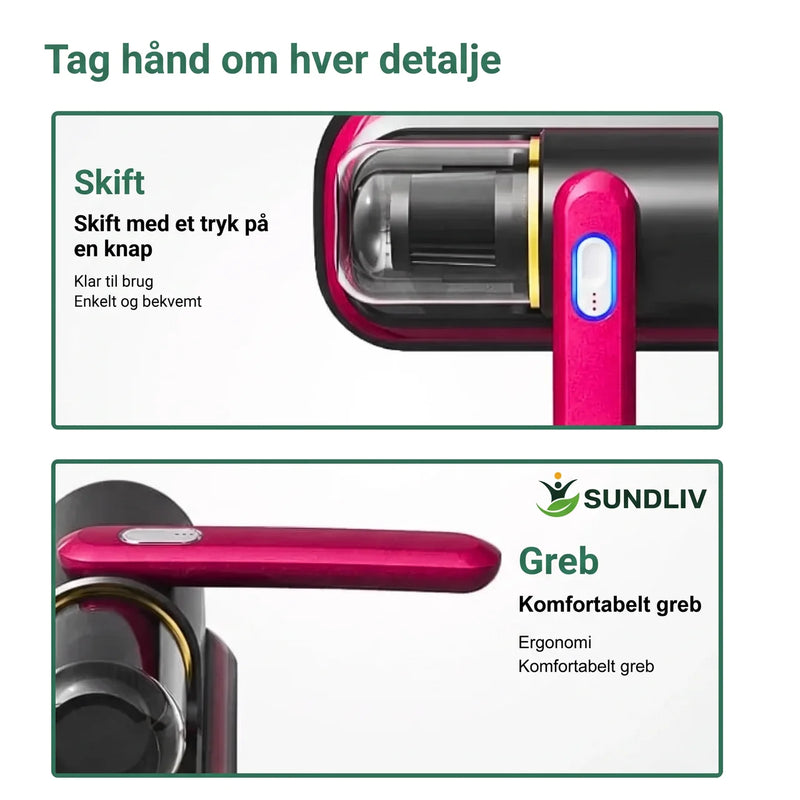 TextiClean Håndstøvsuger – 10.000 Pa med UV-C-Lys, Vibration og HEPA-Filtrering